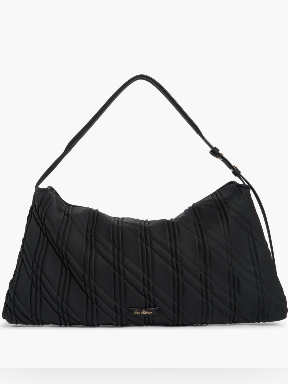 Sam Edelman Black Quilted Peddy Shoulder Bag with Textured Diagonal Stitching